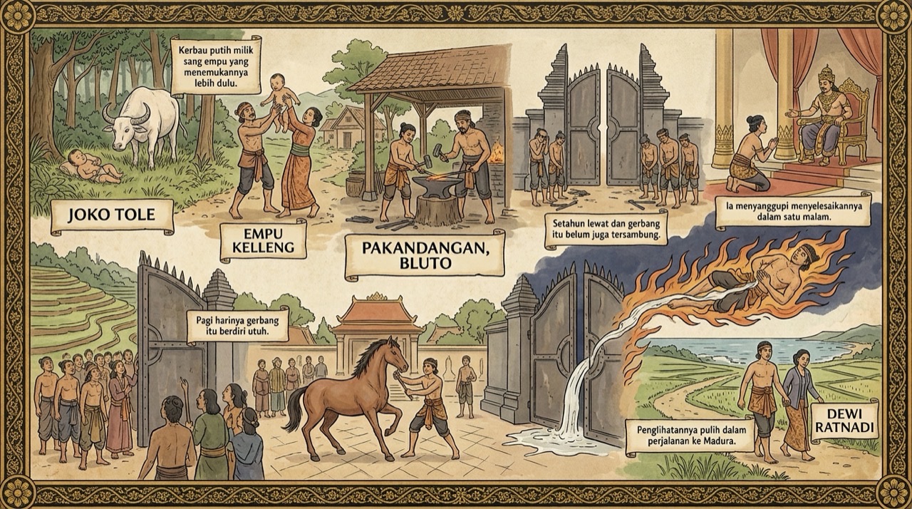 Mural bergaya wayang beber yang menceritakan Joko Tole dari kiri ke kanan: bayi yang dijaga kerbau putih di hutan, Empu Kelleng dan istrinya mengangkatnya pulang, anak itu tumbuh di antara besi menempa di bengkel Pakandangan, gerbang besi Majapahit yang setahun tidak juga tersambung, ia bersimpuh menyanggupi di depan raja, tubuhnya berselimut api dan cairan putih mengalir menyambung gerbang, gerbang berdiri utuh pagi harinya, ia menangkap kuda liar di alun-alun, dan ia berjalan pulang bersama Dewi Ratnadi yang penglihatannya pulih