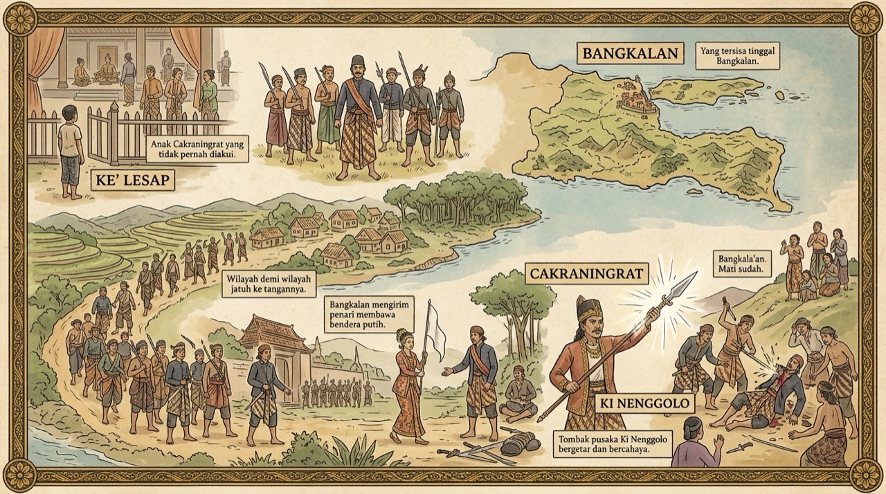 Mural bergaya wayang beber yang menceritakan Ke' Lesap dari kiri ke kanan: anak lelaki berdiri di luar pagar keraton tanpa ada yang menoleh, ia dewasa dikelilingi pengikut bersenjata, barisannya bergerak melewati kampung demi kampung, peta pulau yang seluruhnya sudah di tangannya kecuali Bangkalan, seorang penari perempuan membawa bendera putih, tombak pusaka bercahaya di tangan Cakraningrat, dan orang-orang menyaksikan dari bukit sambil berseru