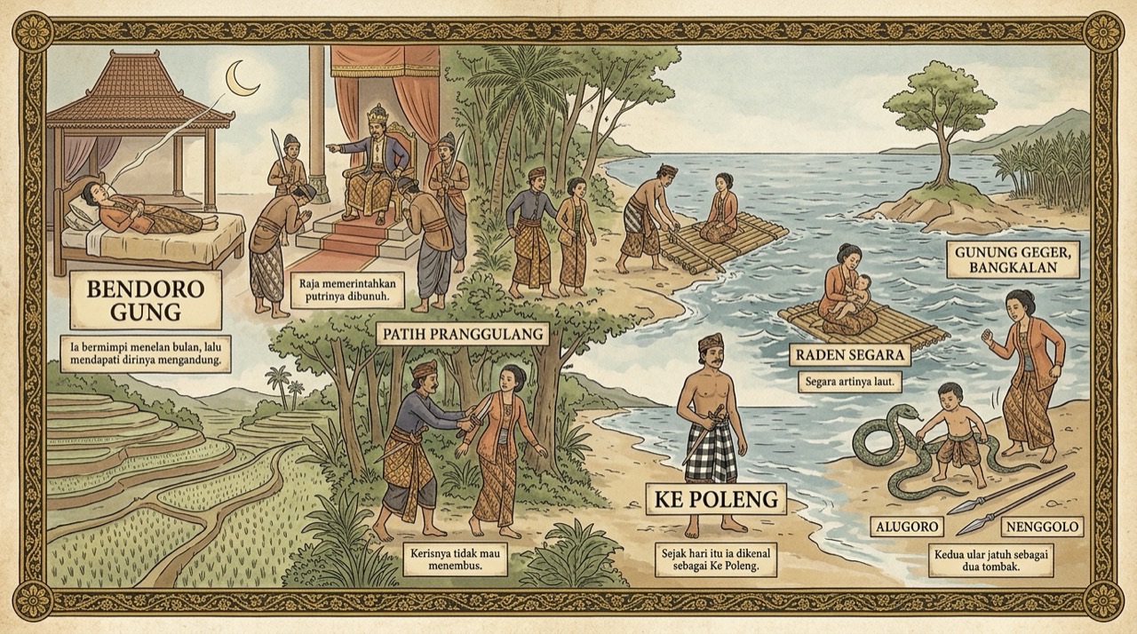 Mural bergaya wayang beber yang menceritakan Raden Segara dari kiri ke kanan: sang putri tidur di balai keraton di bawah bulan sabit, raja menunjuk marah dari singgasana, patih menuntunnya ke tepi laut, rakit bambu didorong ke laut, bayi lahir di atas rakit, dan seorang anak lelaki membanting dua ular yang jatuh sebagai dua tombak